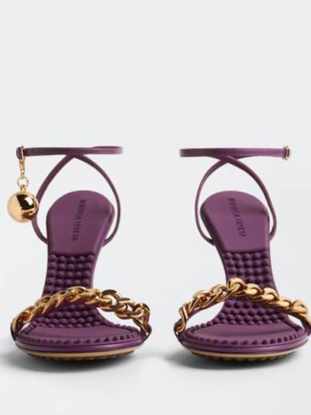 Bottega Veneta Plum Leather Ankle-Strap Sandals with Gold Chain
